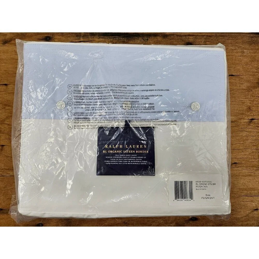 New Ralph Lauren Organic Sateen Border Full Queen Duvet Cover Blu Hyacinth White